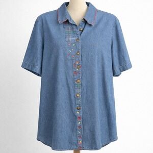 Vintage 90s Koret Embroidered Denim Button Shirt Size 20 Blue Floral Cottagecore